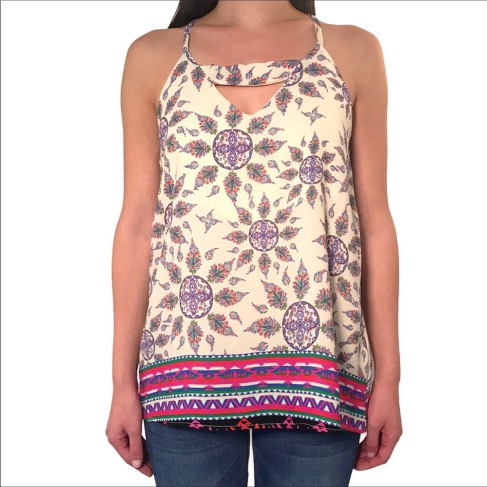 Auditions Tank Top Size L Triangular Keyhole Cutout Multi Color Print USA Made